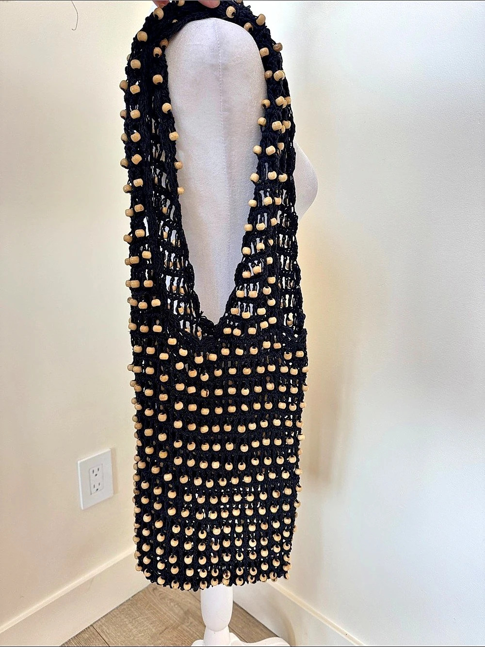 Beaded Crochet Shoulder Bag in Black & Brown